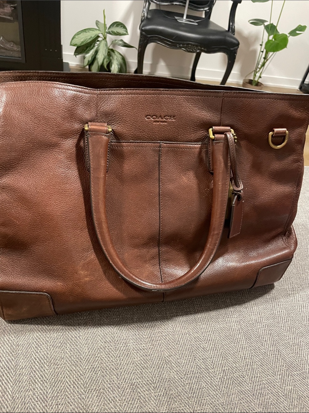COACH Brown Pebbled Leather Bleecker Business Tote with strap